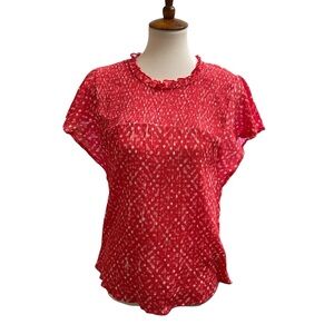Zac & Rachel Blouse Smocked Flutter Sleeve Red with Pink Abstract Floral Size L